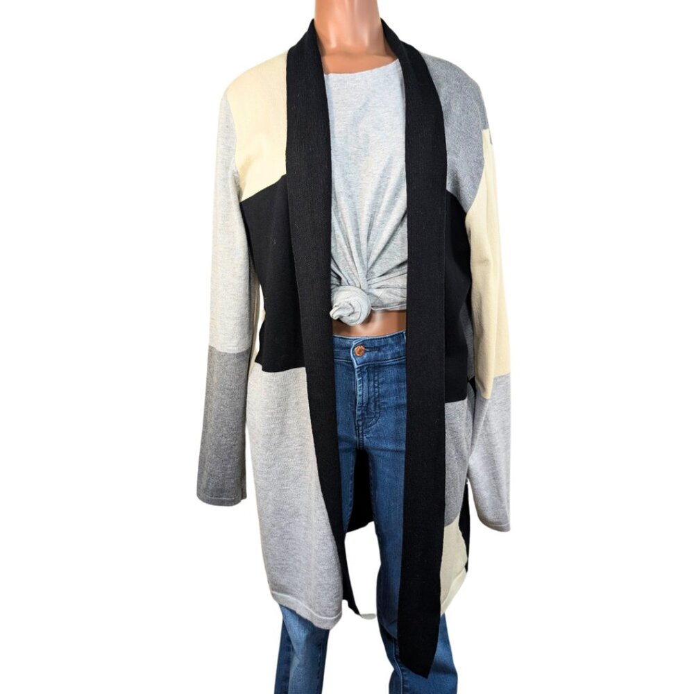 Vila Milano Large Long Color Block Open Front Black Gray Cardigan Sweater
